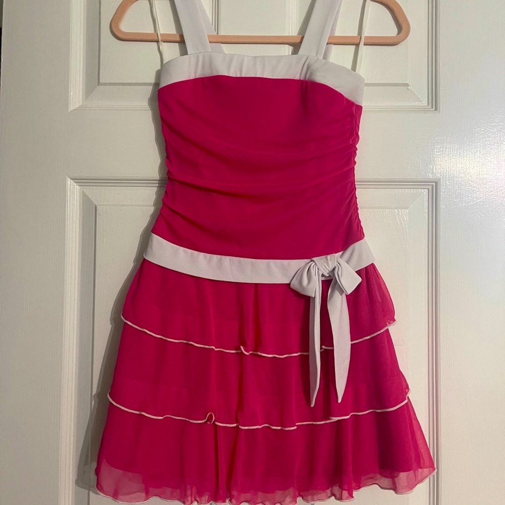 I.N. San Francisco Formal Hot Pink Dress White Straps & Bow Girls Size 10 🎀